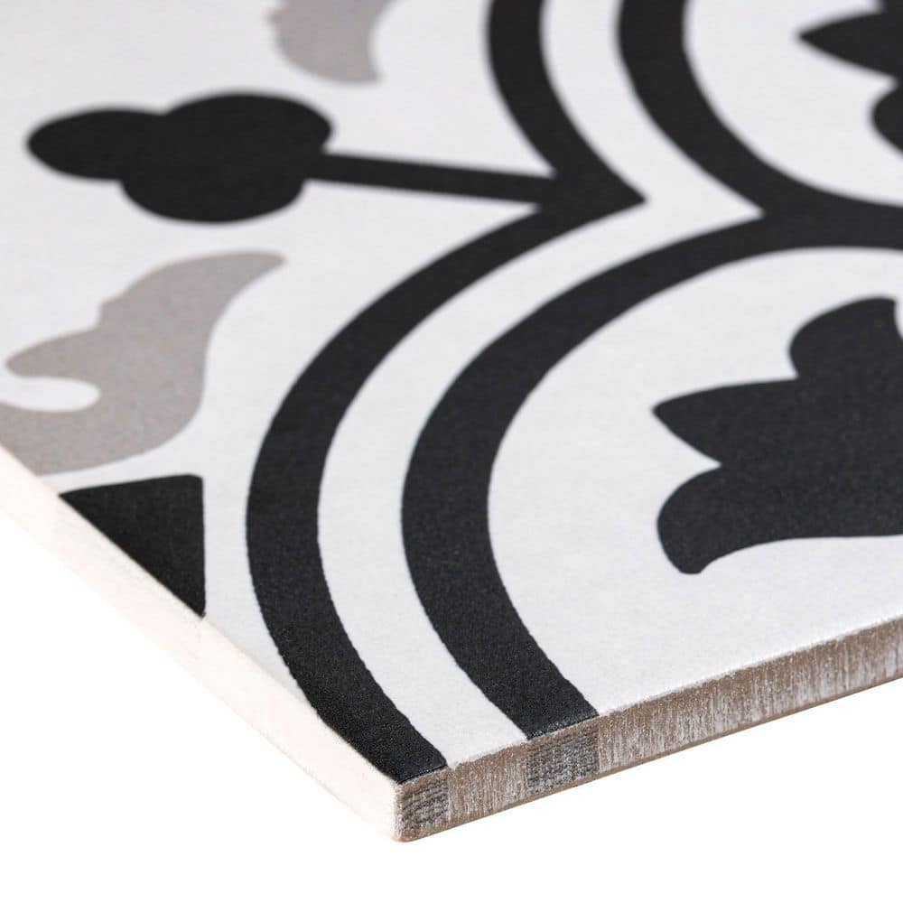Bliss 8" Black and White Porcelain Patterned Tile