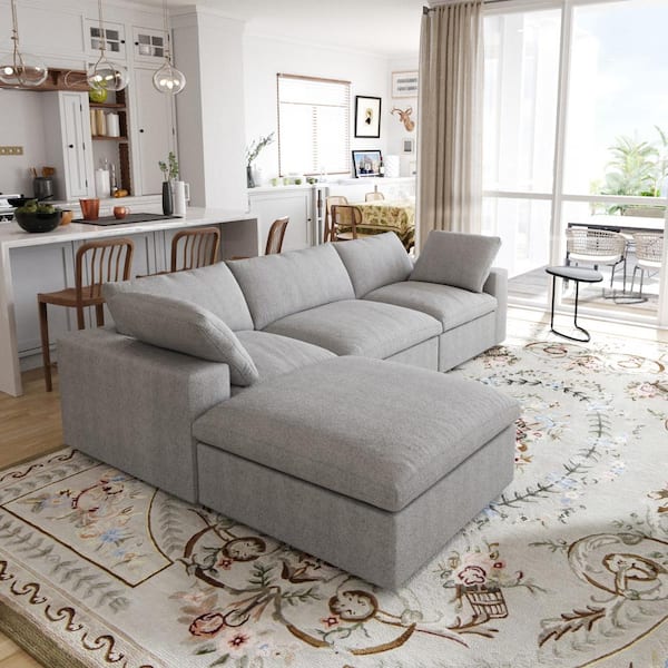 J&E Home 120.5 in. Square Arm 4-piece Velvet L-Shaped Free Combination Modular Sectional Sofa in. Gray with Ottoman