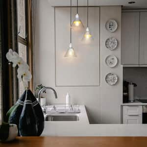 3-Light Flat White Island Chandelier with Clear Glass Shades
