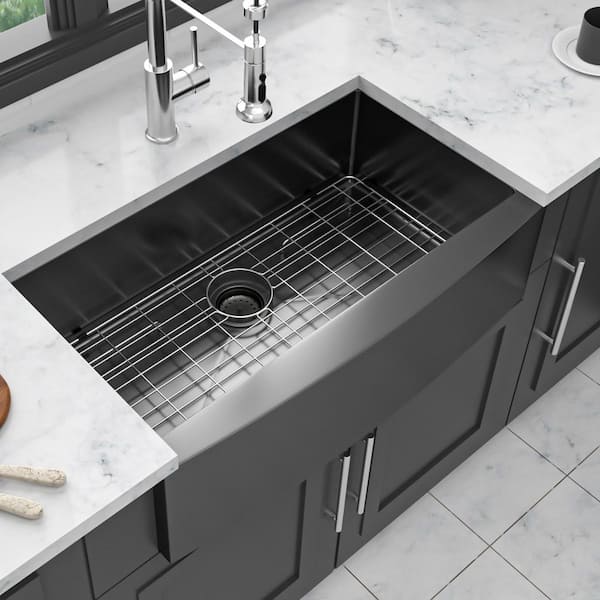 33 in. Farmhouse Single Bowl 16 Gauge Gunmetal Black Stainless Steel Kitchen Sink with Bottom Grids