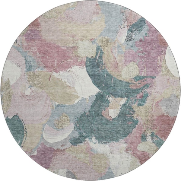 Mayfield Premium Machine Washable Abstract AMF1965 Mauve 8 ft. x 8 ft. Round Rug
