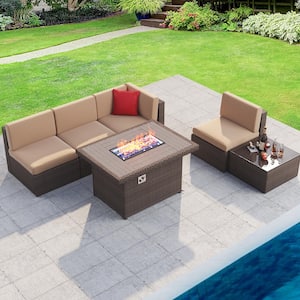 6-Piece Wicker Patio Conversation Set with Fire Pit Table, Beige Cushion