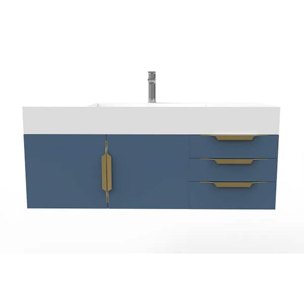 castellousa Maranon 48 in. W x 19 in. D x 19.25 in. H Single Bath Vanity in Matte Blue with Gold Trim and White Solid Surface Top