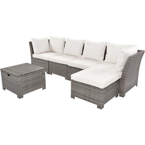 6-Piece PE Wicker Outdoor Sofa Sectional Set with Beige Cushions