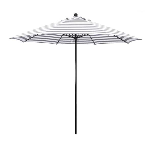California Umbrella 9 ft. Black Fiberglass Commercial Market Patio Umbrella with Fiberglass Rib Push Lift in Gray White Cabana Stripe Olefin