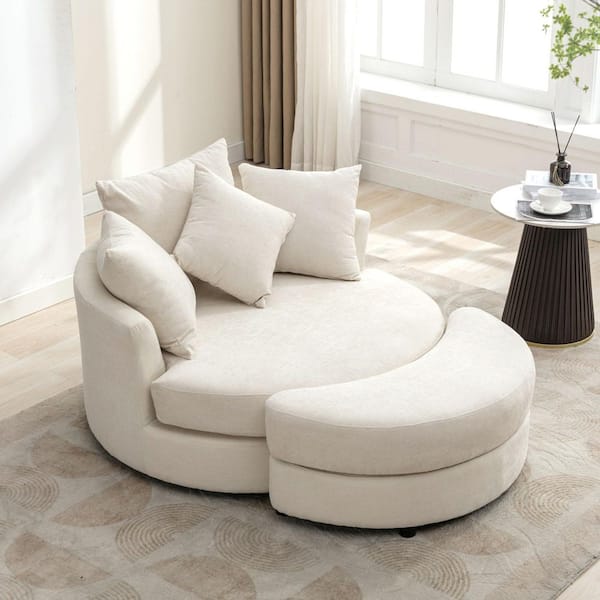49.2 in.W Cream Modern Chenille Swivel Barrel Chair Round Accent with Storage Ottoman and 4-Pillows