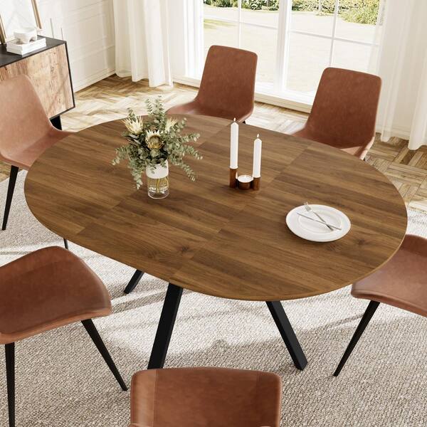 GOJANE 7-Pieces Round Walnut MDF Top Extendable Ining Table Set