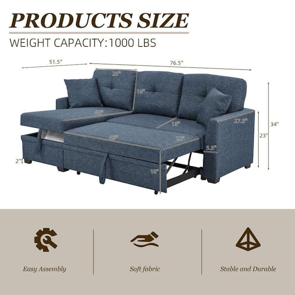 HOMEFUN 76.5 in. Modern Blue Linen Blend Upholstered Sectional HOMEFUN 76.5 in. Modern Blue Linen Blend Upholstered Sectional