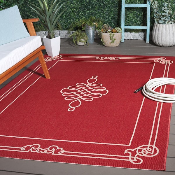 Courtyard Red/Cream 5 ft. x 8 ft. Border Indoor/Outdoor Patio  Area Rug