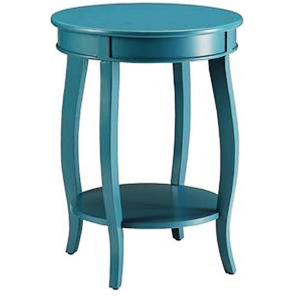 Teal Round Wood Side Table with Bottom Shelf