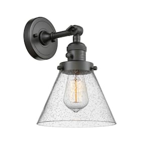 Cone 8 in. 1-Light Oil Rubbed Bronze Wall Sconce with Seedy Glass Shade with On/Off Turn Switch