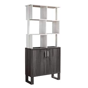 31.35 in. Wide Oak White and Gray Wooden 1-Cabinet 6-Compartments Bookcase Unit