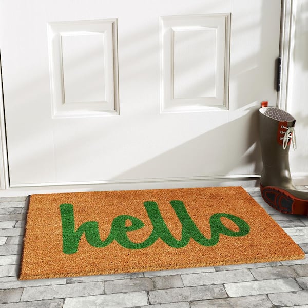 Hello Natural/Green Script 24 in. x 36 in. Door Mat