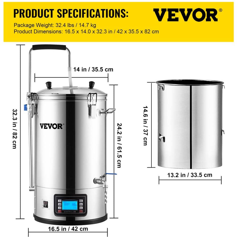 VEVOR 9.2 Gal Stainless Steel Electric Brewing System with LCD Panel