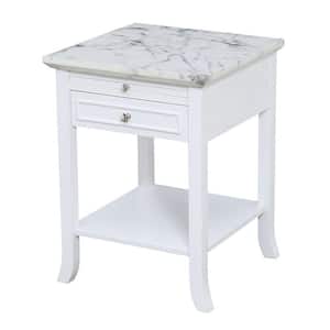 American Heritage White Faux Marble and White Logan End Table with Drawer and Slide