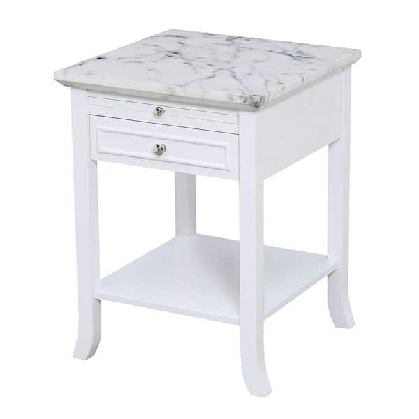 Convenience Concepts American Heritage White Faux Marble and White Logan End Table with Drawer and Slide