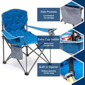 Blue Metal Patio Folding Beach Chair Lawn Chair Outdoor Camping Chair with Side Pockets and Built-In Opener