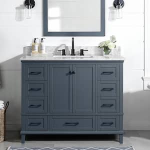Merryfield 43 in. Single Sink Dark Blue-Grey Bath Vanity with White Carrara Marble Top (Assembled)