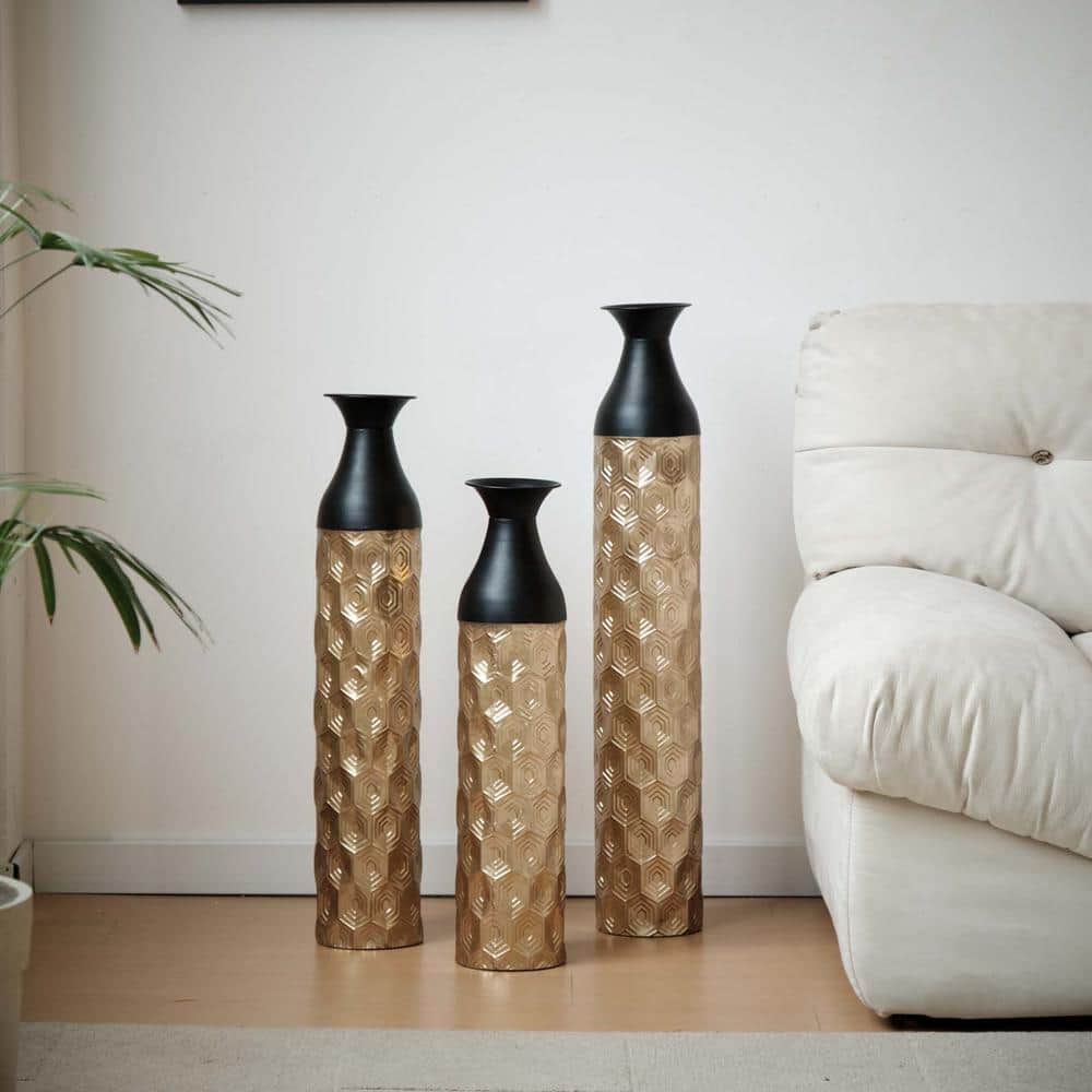 Set of 3 Large Glazed White Metal Vases Floor Metal Vases 24. 8 in. /29 in.