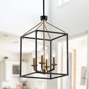 Farmhouse 12 in. 4-Light Matte Black and Gold Lantern Metal Chandelier for Living Room, Dining Room