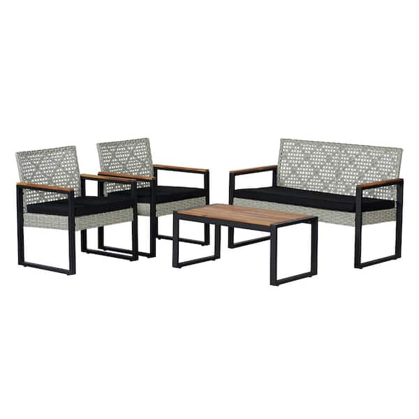 JONATHAN Y Wilder 4-Piece Modern Coastal Faux Wicker Patio Conversation Outdoor Patio Set, White Wash/Black/Natural