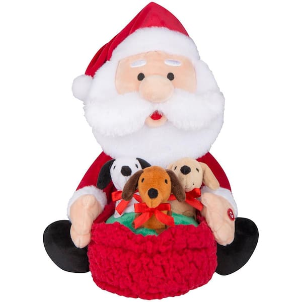 11.42 in. Christmas Animated Plush Santa with Trio of Puppies