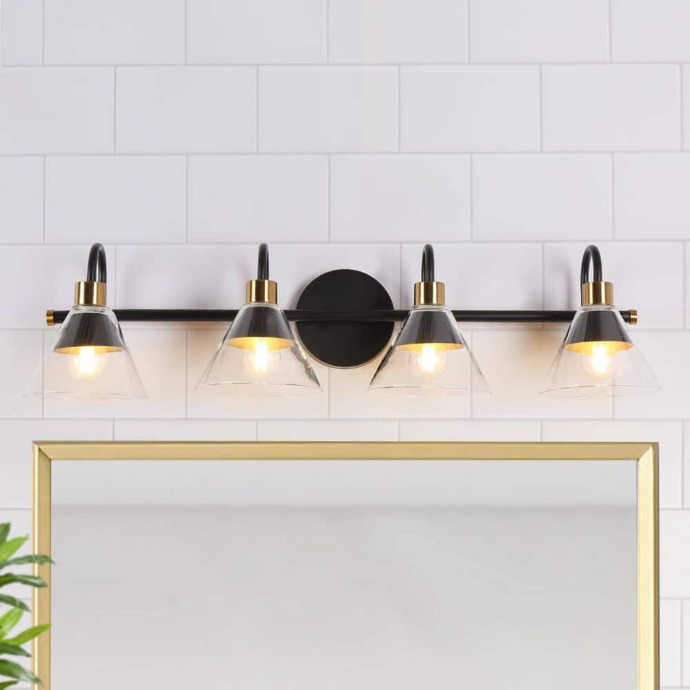 28 in. 4-Light Modern Transitional Black Bathroom Vanity Light With Textured Cone Clear Glass Shades price history on PriceWatchPro