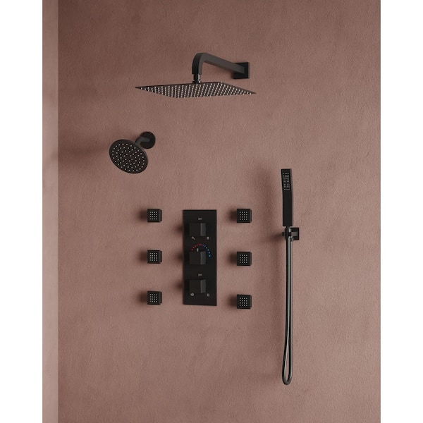 Thermostatic 8-Spray 12 and 6 in. Wall Mount Dual Shower Head Fixed and Handheld Shower Head in Matte Black, 2.5 GPM