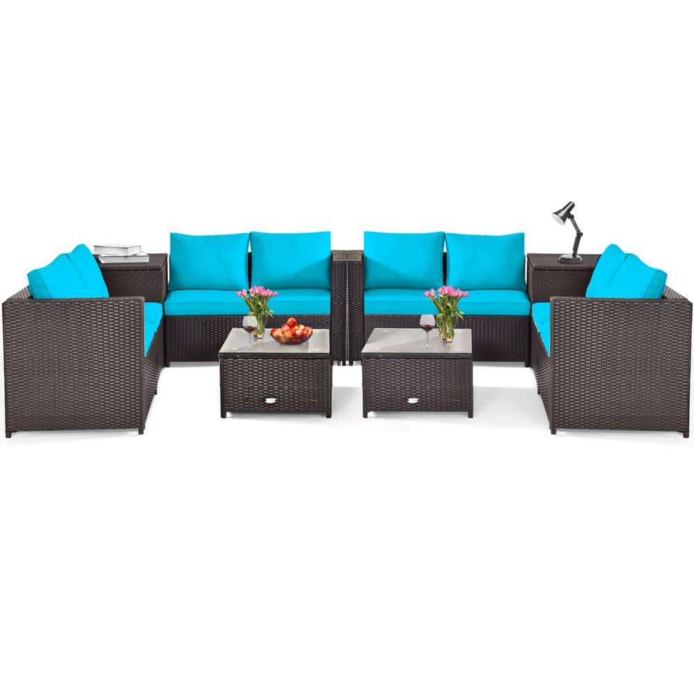 8-Piece Wicker Patio Conversation Seating Sectional Set with Storage Box &Coffee Table and Turquoise Cushions price history on PriceWatchPro