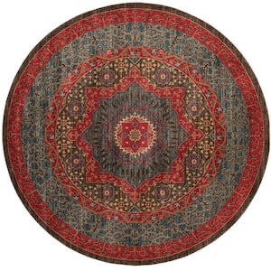 Mahal Navy/Red 5 ft. x 5 ft. Round Border Area Rug