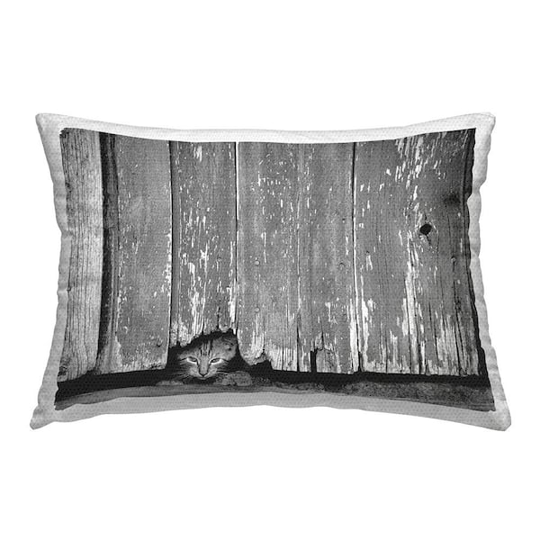 Stupell Industries Kitten Peeking Barn Grey Rectangular Outdoor Throw Pillow