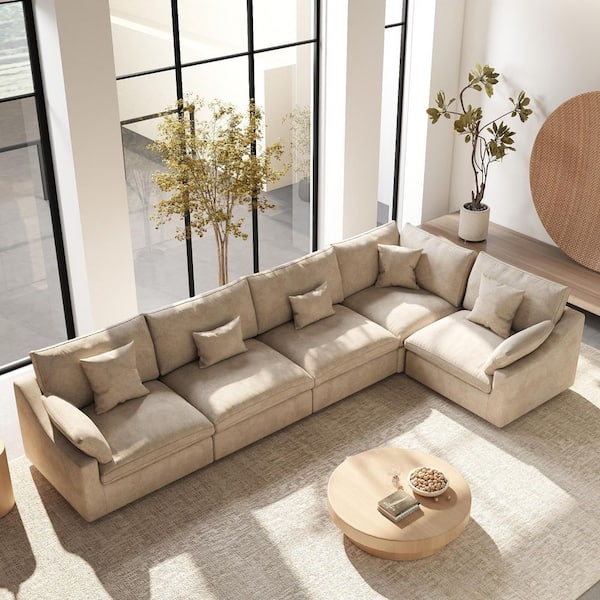 Modular Large 238 in. Flared Arm 5-Piece L-shaped Linen Cloud Couch Sectional Sofa in. khaki
