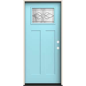 36 in. x 80 in. Left-Hand 1/4 Lite Craftsman Carillon Decorative Glass Caribbean Blue Fiberglass Prehung Front Door