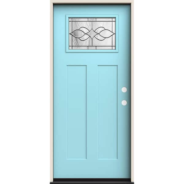 JELD-WEN 36 in. x 80 in. Left-Hand 1/4 Lite Craftsman Carillon Decorative Glass Caribbean Blue Fiberglass Prehung Front Door