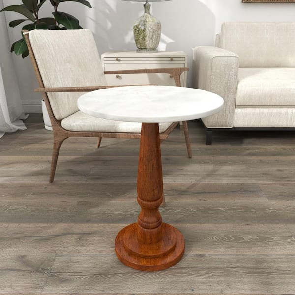 Litton Lane 18 in. Brown Large Round Marble End Accent Table with White Marble Top