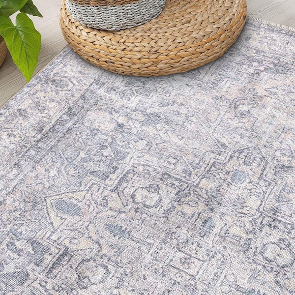 Distessed Medallion Machine Washable Blue 2 ft. 6 in. x 10 ft. Runner Rug