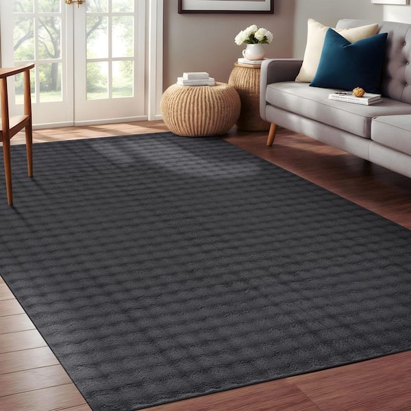 Aurora 5 ft. x 7 ft. Dark Grey Non-Slip Rubber Back Washable Polyester Checker Indoor Area Rug
