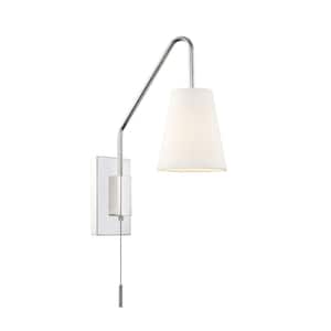 Owen 6 in W x 18 in H 1-Light Polished Nickel Wall Sconce with White Fabric Shade, On/Off Pull Chain, Optional Cord/Plug