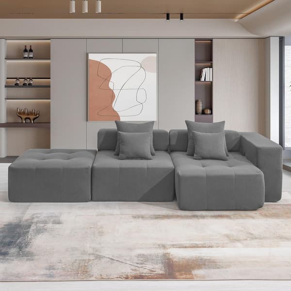 J&E Home 105.5 in. W Square Arm Corduroy Velvet L-Shaped Modular Sofa in. Gray