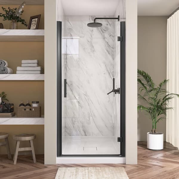 36 to 37-1/4 in. W x72 in. H Frameless Shower Door Right Hinged Pivot Swing Single Door in Matte Black Clear Glass
