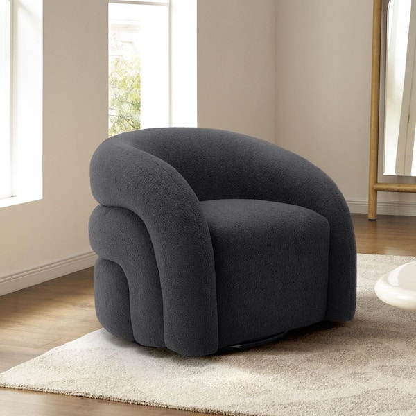 Gray Boucle Polyester Fabric 360° Swivel Accent Barrel Armchair with Metal Base (Set of 1)