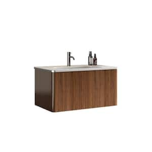 Etna305 30 in. W x 18.30 in. D x 15.6 in. H Single Sink Floating Bath Vanity in Walnut with White Solid Surfer Top