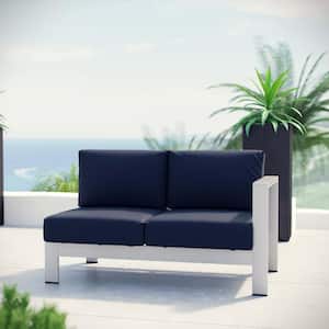 Shore Aluminum Right Arm Outdoor Sectional Chair Loveseat in Silver with Navy Cushions
