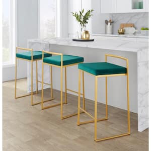 Fuji 27.75 in. Green Velvet and Gold Metal Stackable Counter Stool (Set of 3)