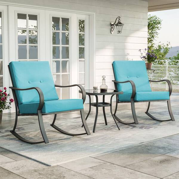 3-Piece Steel Frame Patio Bistro Set Rocking Chair with Lake Blue Cushions and Tempered Glass Table