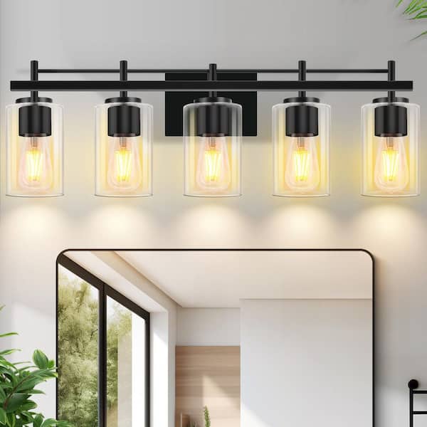 GMGSROM 30.5 in. 5-Light Matte Black Modern Vanity Light with Clear Glass Shade