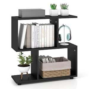 Black 2-Tier 24 in. H Engineered Wood Bookshelf Free Standing Wooden Display S-Shaped Shelf Storage Rack