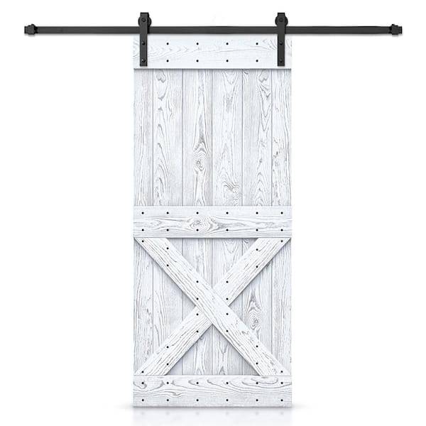 CALHOME 26 in. x 84 in. Ready To Hang Wire Brushed White Thermally Modified Solid Wood Sliding Barn Door with Hardware Kit
