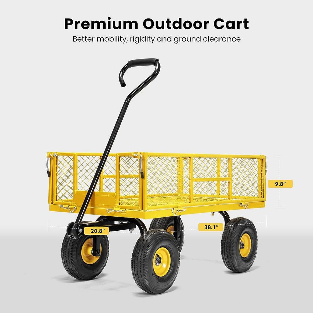 Yellow Heavy-Duty Steel Garden Wagon with Pneumatic Tires