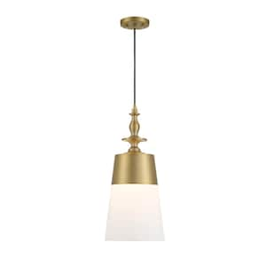 Ava 60-Watt 1 Light Brushed Gold Pendant with White Fabric Shade